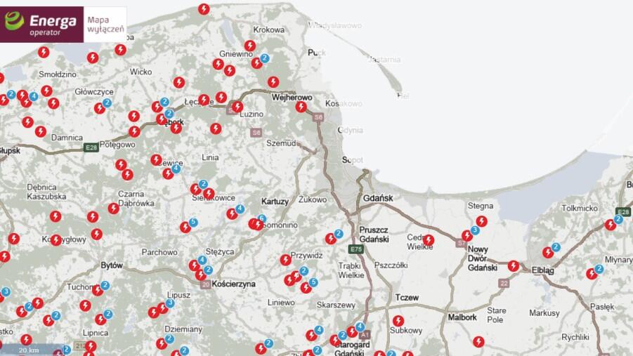 Na Pomorzu najwięcej gospodarstw bez prądu jest w rejonie Starogardu Gdańskiego, Człuchowa i w powiecie chojnickim - oficjalna mapka Energi z godz. 13