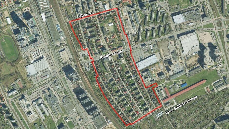 Granice projektu planu wyłożonego do publicznego wglądu nr 0156 Przymorze Małe w rejonie ulic Szczecińskiej i Słupskiej