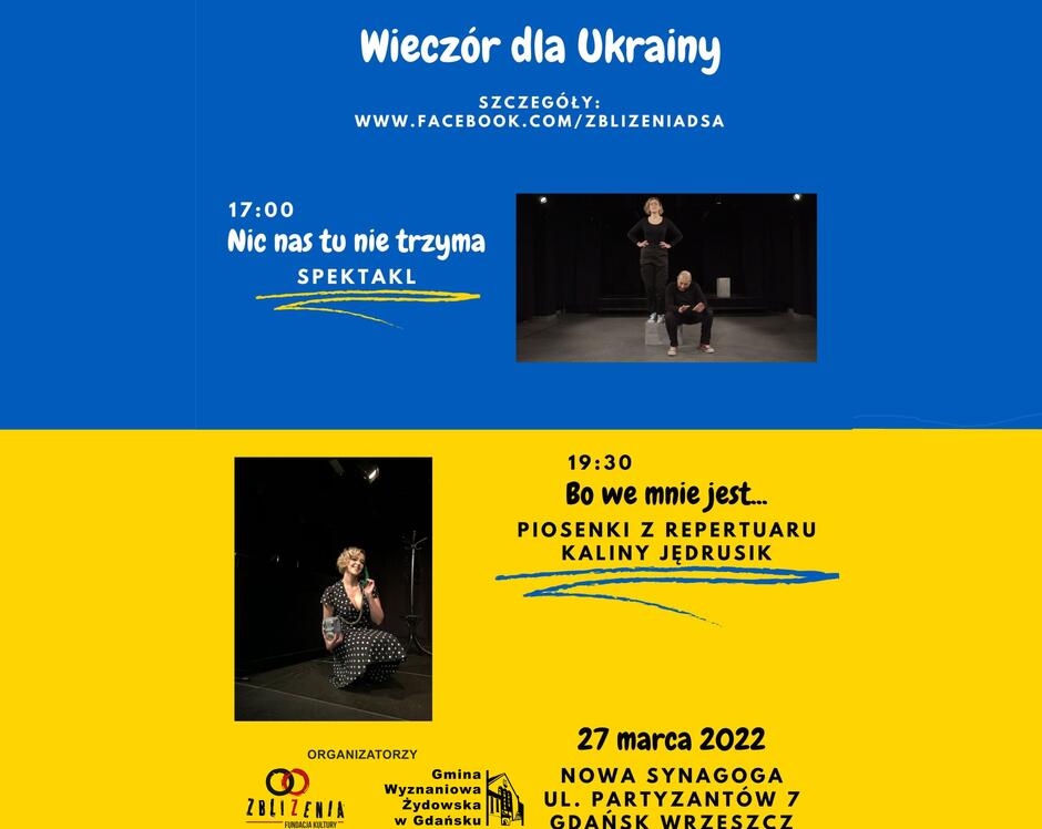 Na muzyczno-teatralny Wieczór dla Ukrainy zaprasza Nowa Synagoga w Gdańsku-Wrzesczu