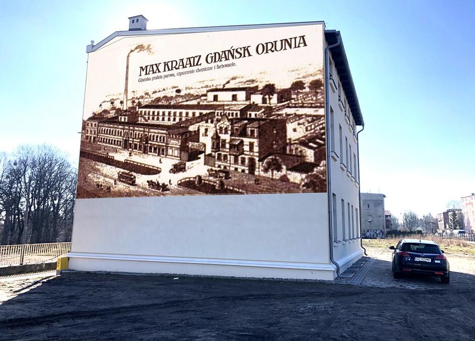Wizualizacja muralu przy Trakcie św. Wojciecha 58 na gdańskiej Oruni, projekt na podstawie pocztówki reklamowej ze zbiorów Krzysztofa Kosika 