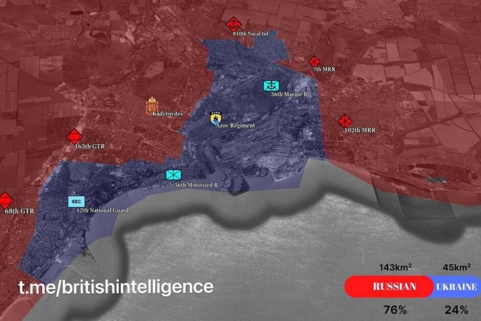 Mapka na której obszar broniony przez Ukraińców zaznaczono kolorem fioletowym. Po prawej stronie u dołu jest opis, z którego wynika, że 76 procent miasta (143 kilometry kwadratowe) jest pod kontrolą Rosjan, a 24 procent (45 kilometrów kwadratowych) pod kontrolą Ukraińców  