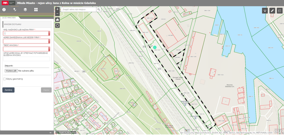 Mapa z funkcją geoankiety, za pomocą której składać można wnioski do miejscowych planów zagospodarowania przestrzennego, na etapie przystąpienia; źródło BRG