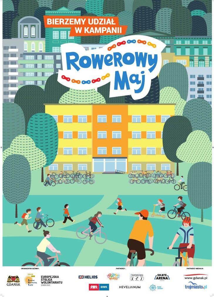 plakat akcji rowerowy maj, z rysunkiem szkoły, do ktorej uczniowie zmierzają na rowerach