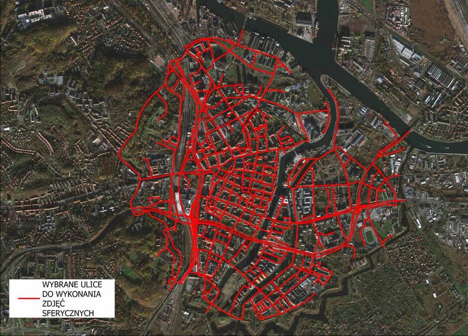 Mapa z zaznaczonymi ulicami w Śródmieściu Gdańska, na których wykonano zdjęcia sferyczne
