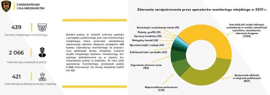 Infografika Straży Miejskiej w Gdańsku przedstawiająca procentowy udział różnych przestępstw i wykroczeń wykrytych dzięki kamerom monitoringu