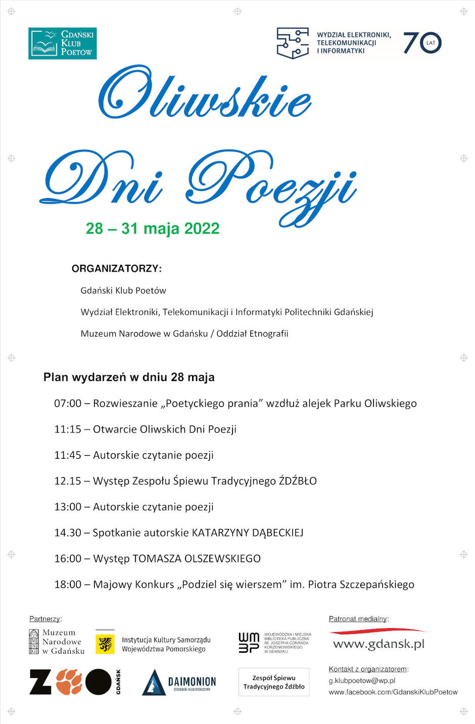 Program Oliwskich Dni Poezji 2022: