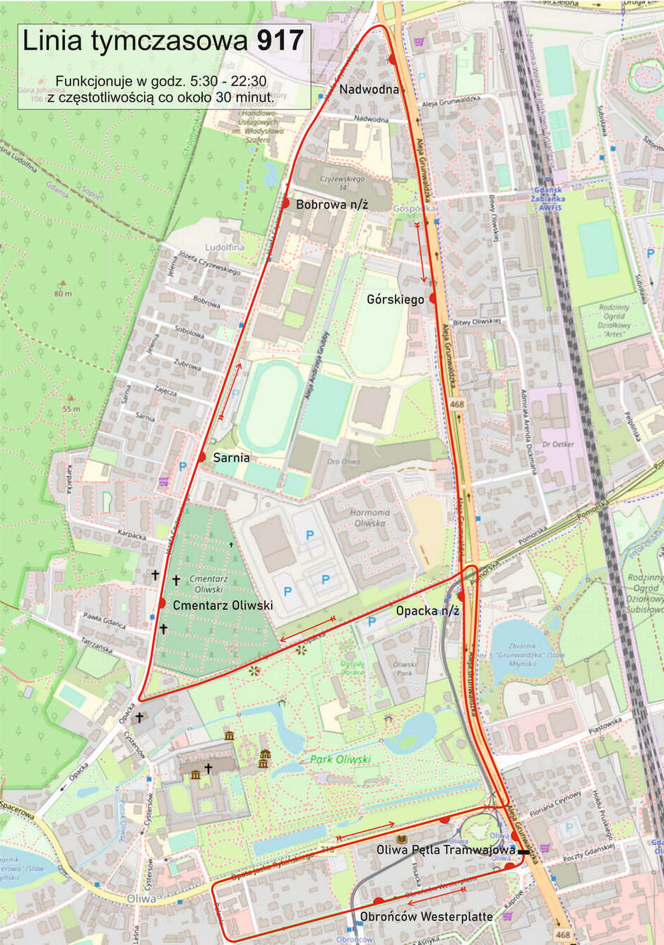 Mapa z zaznaczoną na czerwoną trasą tymczasową linii autobusowej 917