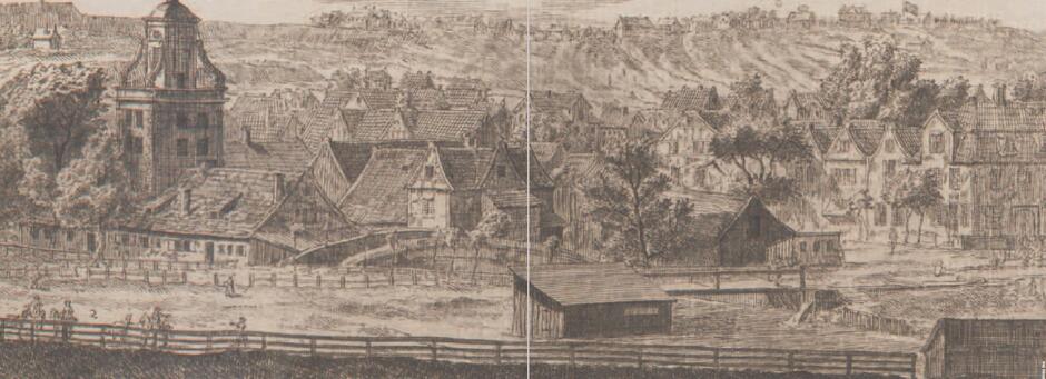 Fragment XVIII-wiecznego ryciny M. Deischa; na pierwszym planie wieża tzw. kunsztu wodnego (po lewej) oraz zabudowa okolic Targu Rakowego, na dalekim planie dawna osada Chełm ponad doliną Potoku Siedleckiego
