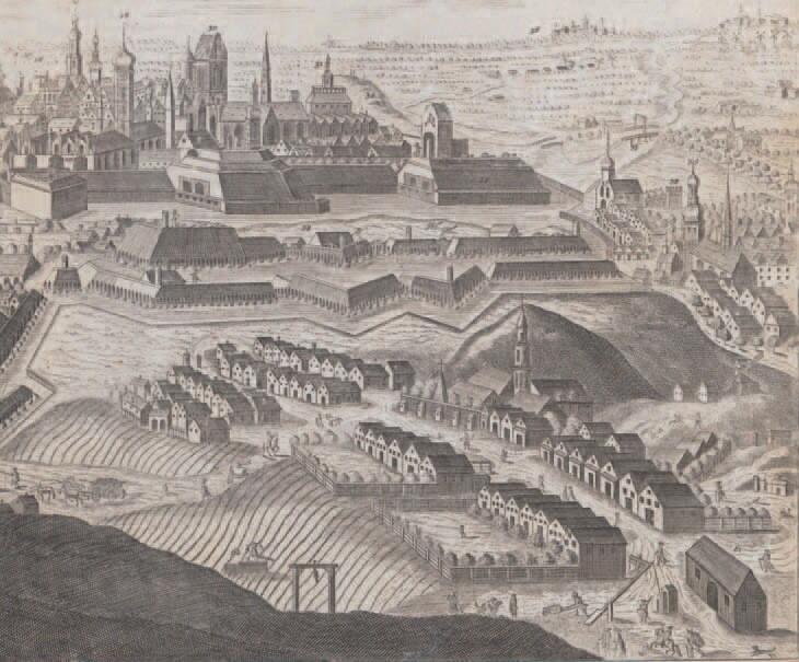 Zabudowania Chełma na widoku Gdańska z 1739 roku skopiowanym i nieco zaktualizowanym po 1772 roku, dorysowano m.in. szubienicę oraz posterunki graniczne i celne w prawym rogu i powyżej 