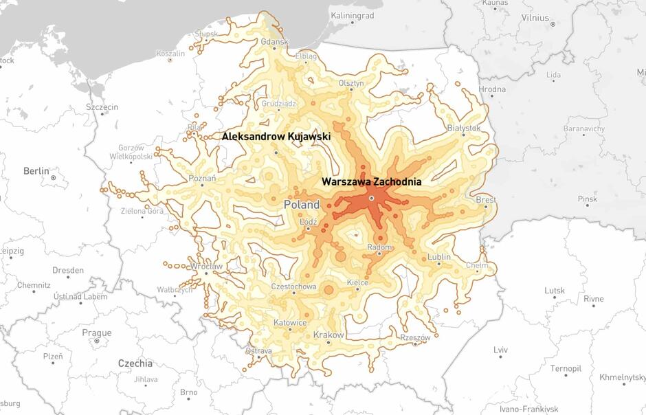 Tak przedstawia się mapa połączeń pozwalających dojechać z Warszawy w 5 godzin. Wśród lokalizacji nad morzem trudno o alternatywę dla Trójmiasta i okolic