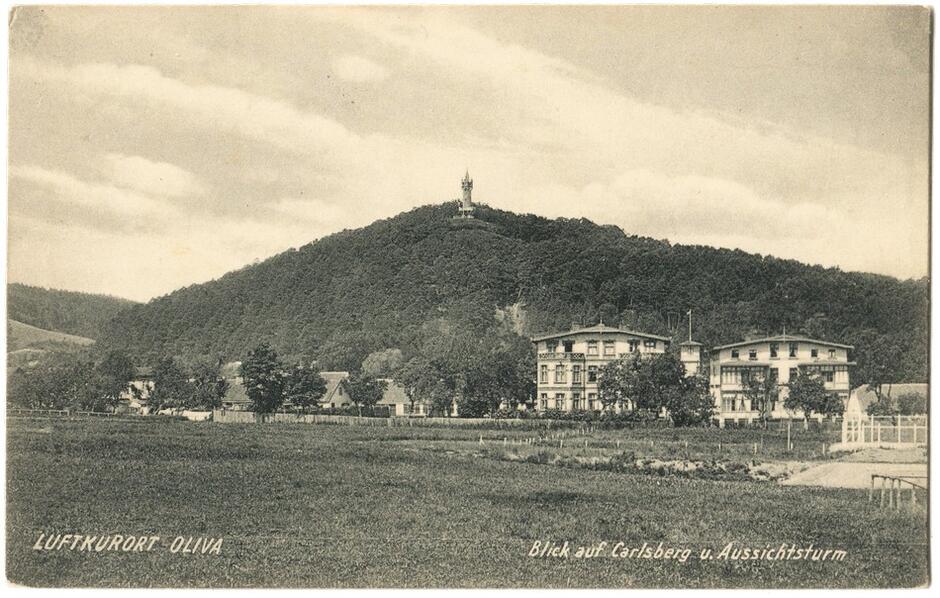 Czarno-biała kartka pocztowa. Widok na wzgórze, przed nim dwa budynki dwupiętrowe