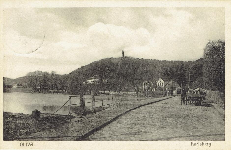Widok na Pachołek z obecnej ul. Stary Rynek Oliwski, przy stawie młyńskim, początek XX wieku