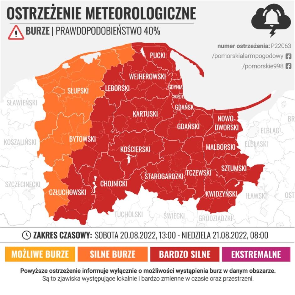 Mapka z zaznaczonym obszarem, na którym do godzin porannych spodziewane są gwałtowne zjawiska pogodowe