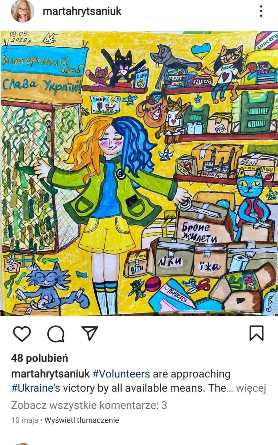 Rysunek przedstawiający dziewczynkę o żółto-niebieskich włosach 