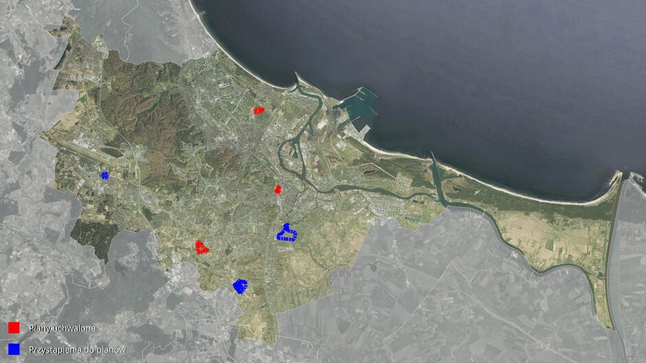 Mapka z zaznaczonymi miejscami, dla których uchwalane zostały plany miejscowe i użytki ekologiczne.