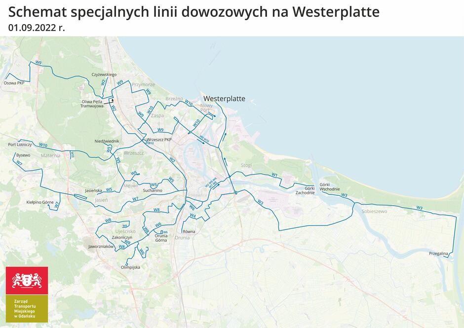 Zielona mapka Gdańska, na którą naniesiono niebieską kreską przebieg linii autobusowych z literowych ich oznaczeniem