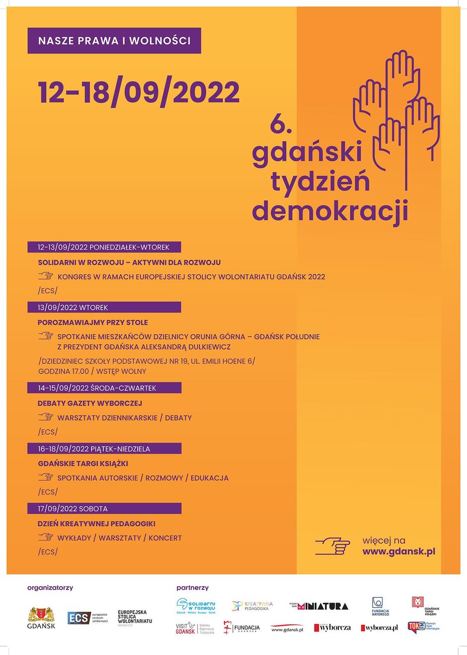Plakat informujący o najważniejszych wydarzeniach Gdańskiego Tygodnia Demokracji 