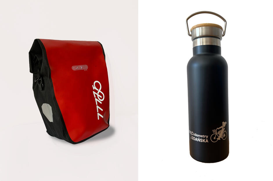 butelka termiczna z logo kampanii i torba rowerowa z odblaskowym logo kampanii