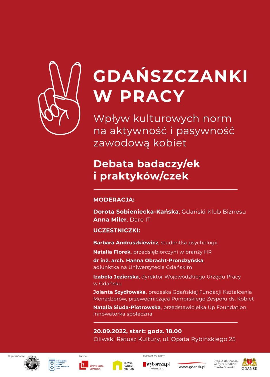 Bordowe tło plakatu. W górnej części - motyw dłoni ułożonej w literę V. Obok tytuł: Gdańszczanki w pracy. Poniżej informacje szczegółowe o debacie, które można znaleźć również w treści artykułu