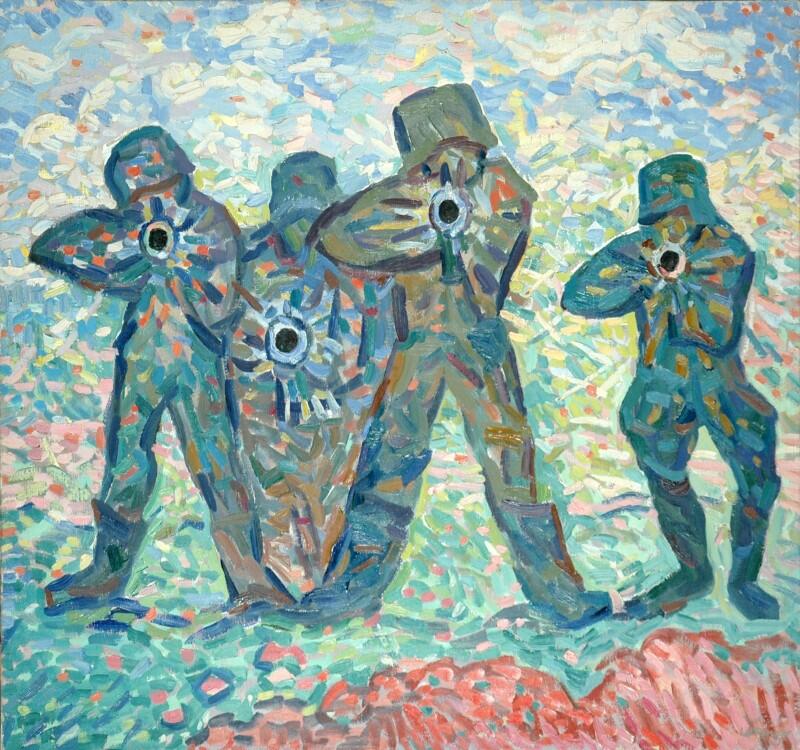 Obraz artysty: czterech mężczyzn celuje z karabinów na wprost patrzącego 