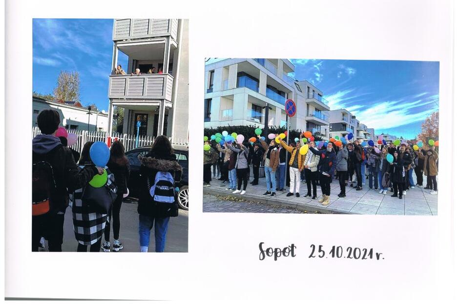 Biała prostokątna karta, na którą przyklejono dwa zdjęcia przedstawiające młodzież przed budynkiem, gdzie mieszka profesor Joanna Muszkowska-Penson