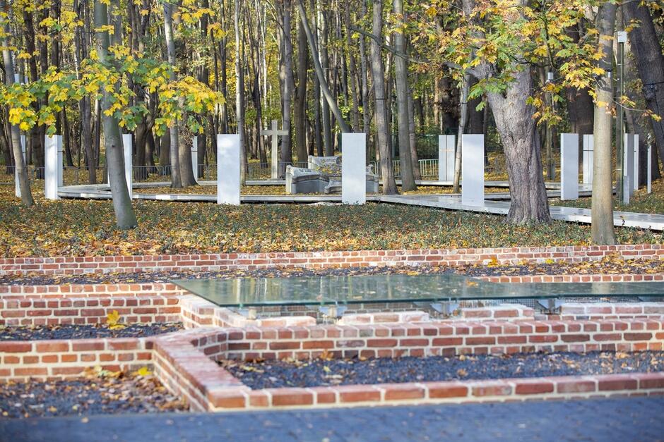 Zdjęcie przedstawia stojące kręgiem pionowe płyty białego koloru, które są integralną częścią nowego cmentarza na Westerplatte. Jest ich tam w sumie 16. Każda ma symbolizować jednego poległego obrońcę. Wokół widzimy drzewa w jesiennej szacie