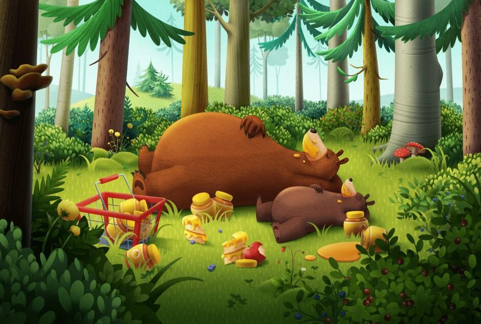 kadr z filmu "Przytul mnie. Poszukiwacze-miodu": dwa misie mały i duży leżą na trawie na polanie, wokół drzewa