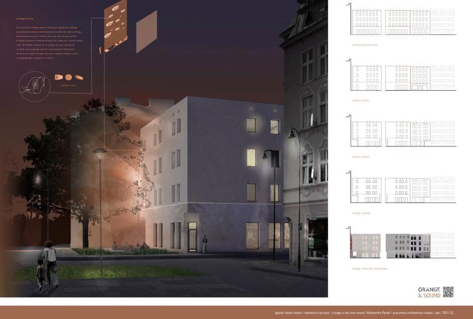 plansza ze zdjęciami oraz projektem - wizualizacją budynku