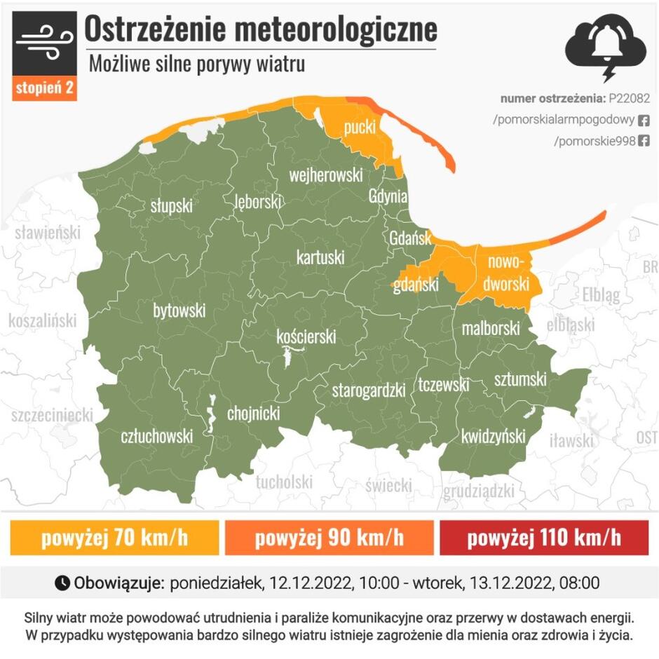 Najsilniejszy wiatr - jak zwykle w pasie nadmorskim. W Gdańsku powiewy raczej około 50 km/h, większe (70 km/h) jedynie we wschodnich dzielnicach, głównie na Wyspie Sobieszewskiej