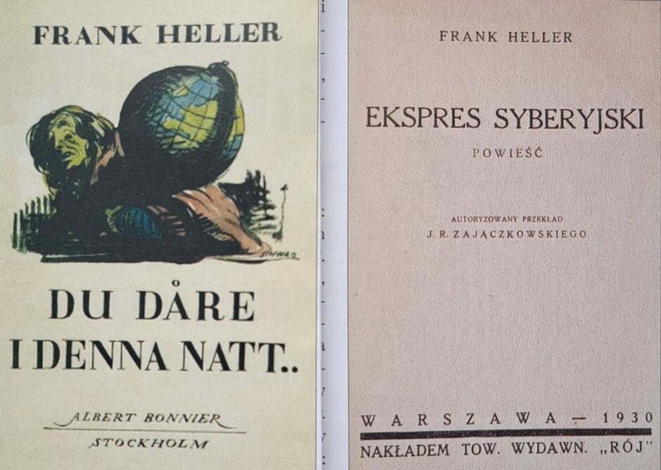Okładka jednego z wydań szwedzkich i strona tytułowa polskiego przedwojennego wydania powieści Hellera