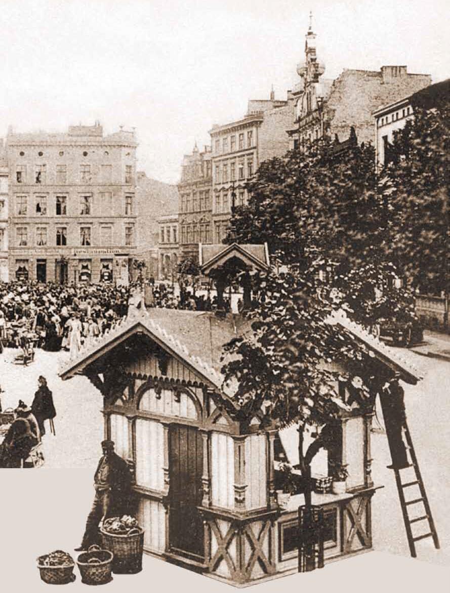 Plac Dominikański przy Hali Targowej był jednym z ważniejszych śródmiejskich targowisk; pod drewnianym pawilonem kosze rozłożył jeden z przyjezdnych sprzedawców; ok. 1905