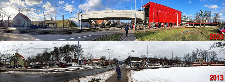 Przystanek PKM Gdańsk Strzyża i to samo miejsce w 2013 roku