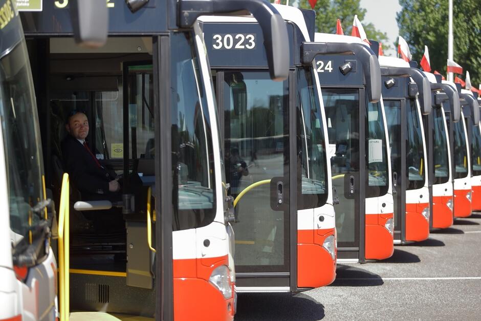 Zdjęcie przedstawia kilka kremowo-czerwonych autobusów, ustawionych jeden obok drugiego. Widzimy te autobusy z boku i tylko ich przednią część, z drzwiami wejściowymi przy kabinie kierowcy