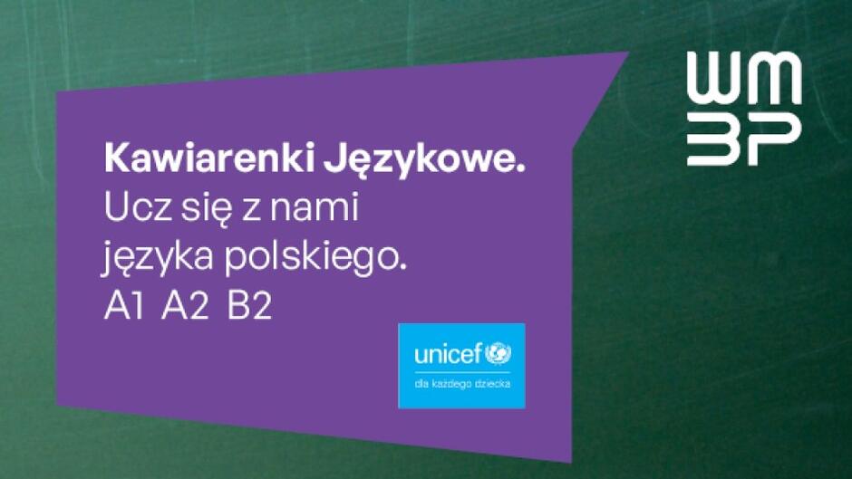 Plakat z napisem Kawiarenki Językowe. Ucz się z nami języka polskiego. A1, A2, B2.