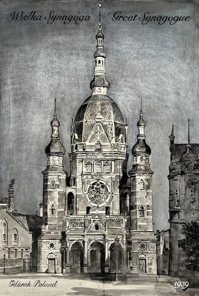 Strzelisty gotycki budynek o trzech wieżach, z rozetą nad portalem  