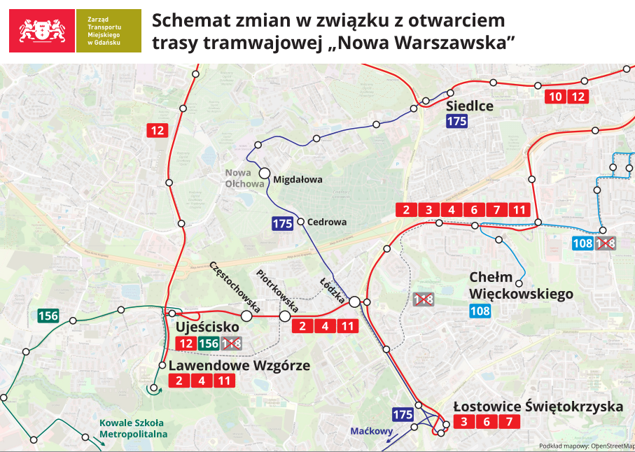 grafika przedstawia planowane trasy tramwajowe i autobusowe na nowej linii na Nowej Warszawskiej