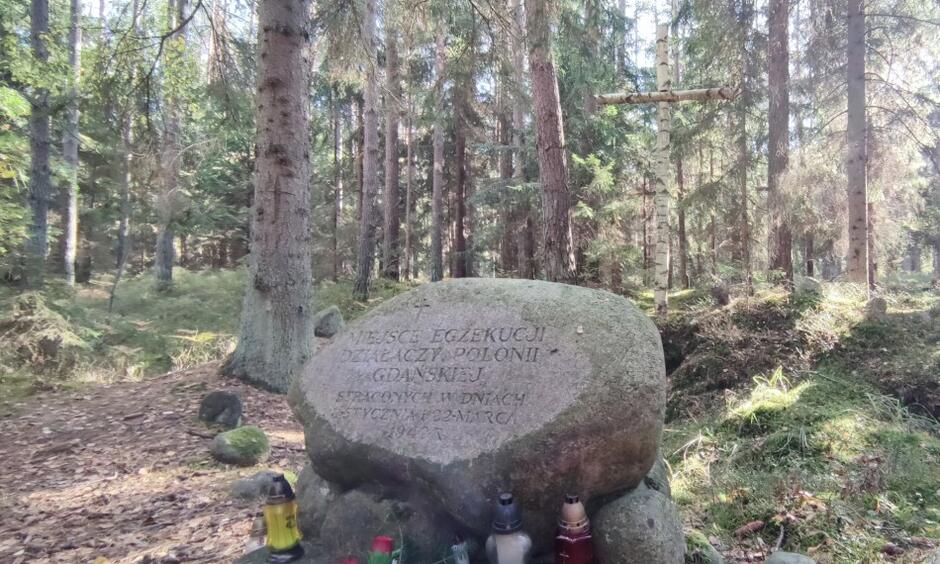 Pamiątkowy kamień w lesie, za którym stoi drewniany krzyż 