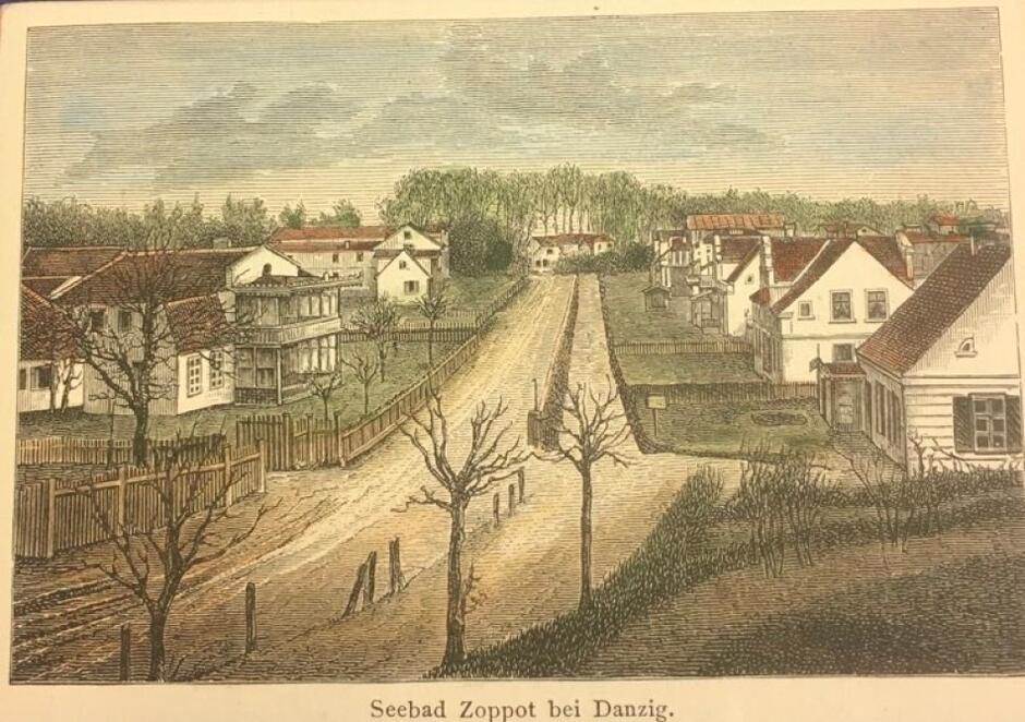 Stara grafika przedstawiająca aleję z drzewami z domkami po obu stronach