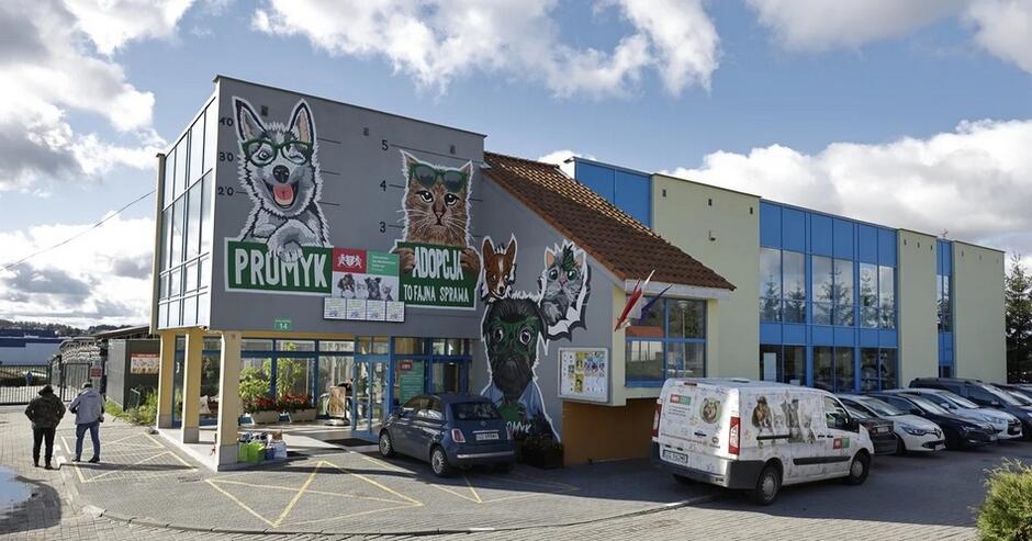 Poziomy budynek piętrowy z namalowanymi na ścianie psem i kotem, napis PROMYK. Przed budynkiem parking, na którym stoi kilka samochodów
