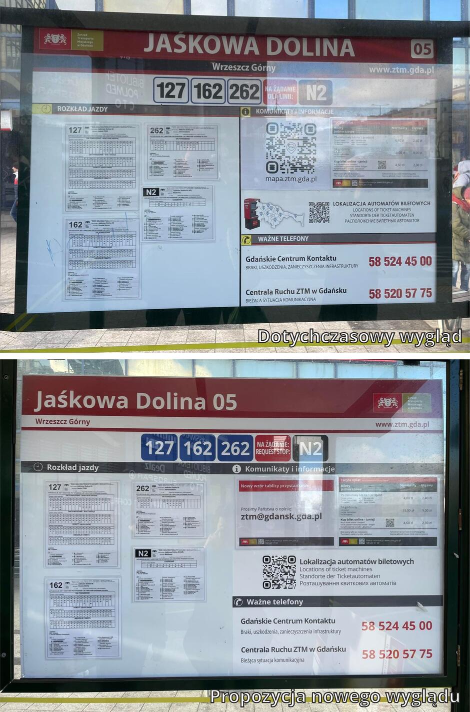 dwa zdjęcia przedstawiają dwie tablice informacyjne dla pasażerów, u góry jest obecna tablica, a na dole proponowany jej nowy wygląd