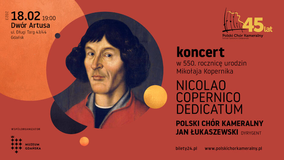 plakat zapowiadający koncert z wizerunkiem Mikołaja Kopernika