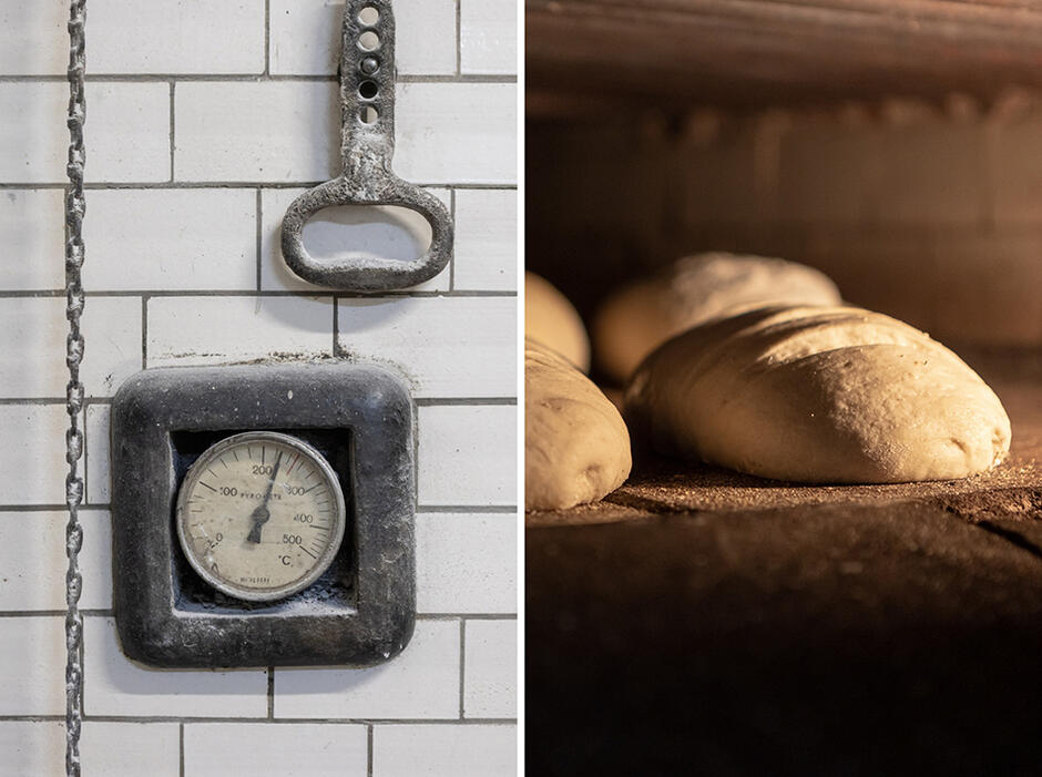 po lewej fragment kaflowego pieca z ciśnieniomierzem, po prawej: chleb w piecu