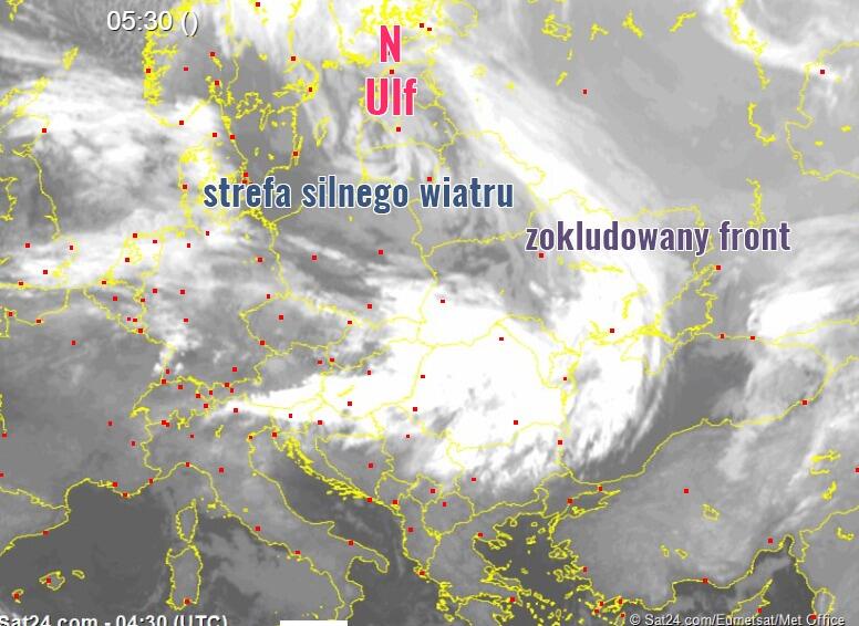 mapa pogodowa części Europy z napisem po środku: strefa silnego wiatru 