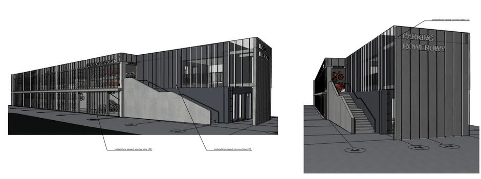 grafika przedstawia dwa rzuty budynku nowego parkingu rowerowego, będzie on prostopadły, dwukondygnacyjny o ciemnej elewacji