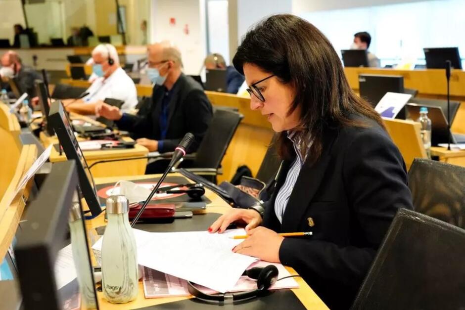 Kobieta w średnim wieku, w okularach siedzi w sali obrad, wczytując się w dokument. Wokół podobnie siedzą inni członkowie Komitetu Regionów 