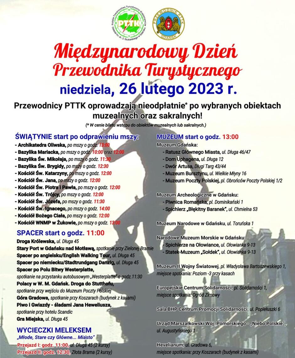 Plakat informujący o bezpłatnym zwiedzaniu Gdańska 26 lutego 2023 r. z okazji Międzynarodowego Dnia Przewodnika Turystycznego