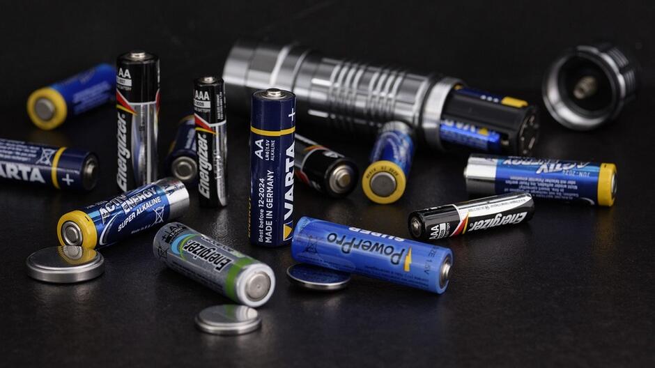 Kilkanaście różnych baterii leży na stole