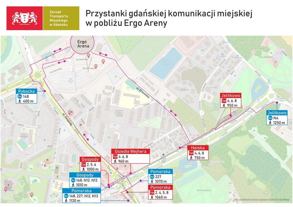 Mapka z zaznaczonymi przystankami w pobliżu hali Ergo Arena - napisano odległość do hali w metrach