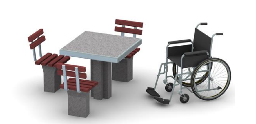 na grafice stolik do gry w szachy, przystosowany dla osób niepełnosprawnych, a więc są trzy krzesełka i wózek inwalidzki