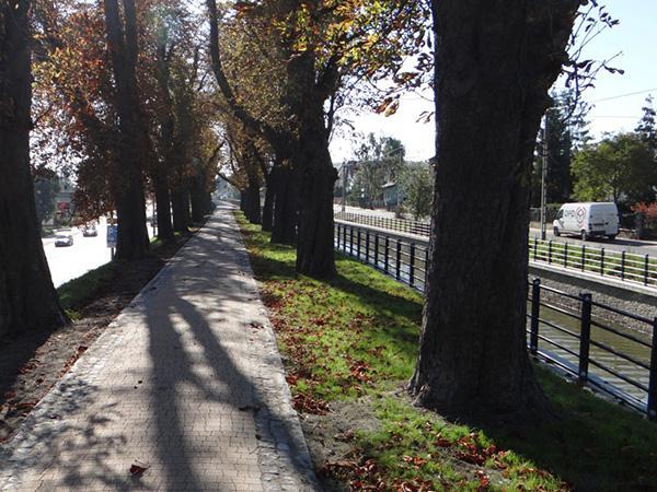 Widok na kanał Raduni i biegnący wzdłuż niego ciąg pieszo-rowerowy na wysokości ulicy Nowiny w stronę św. Wojciecha.